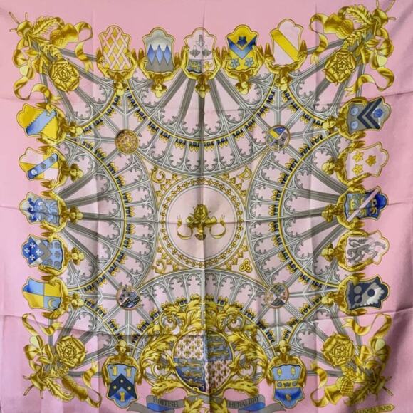 Hermes British Heraldry Coat Of Arms Pink Gold Blue 100% Silk Scarf 90cm Square - Picture 15 of 16